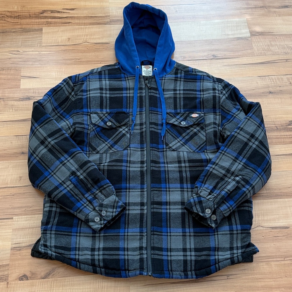 Dickies Grey, Black & Blue Plaid Hooded Zip Up Flannel Quilted Jacket Shirt ~ XL